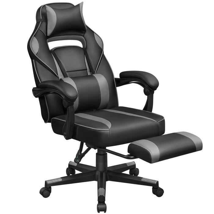 Chaise de bureau gaming design noir/gris avec appui-tête et support lombaire